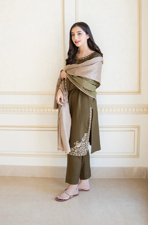 SH-AS-10 3 Piece - Unstitched Embroided Dhanak Fabric with Dhanak Printed Shawl