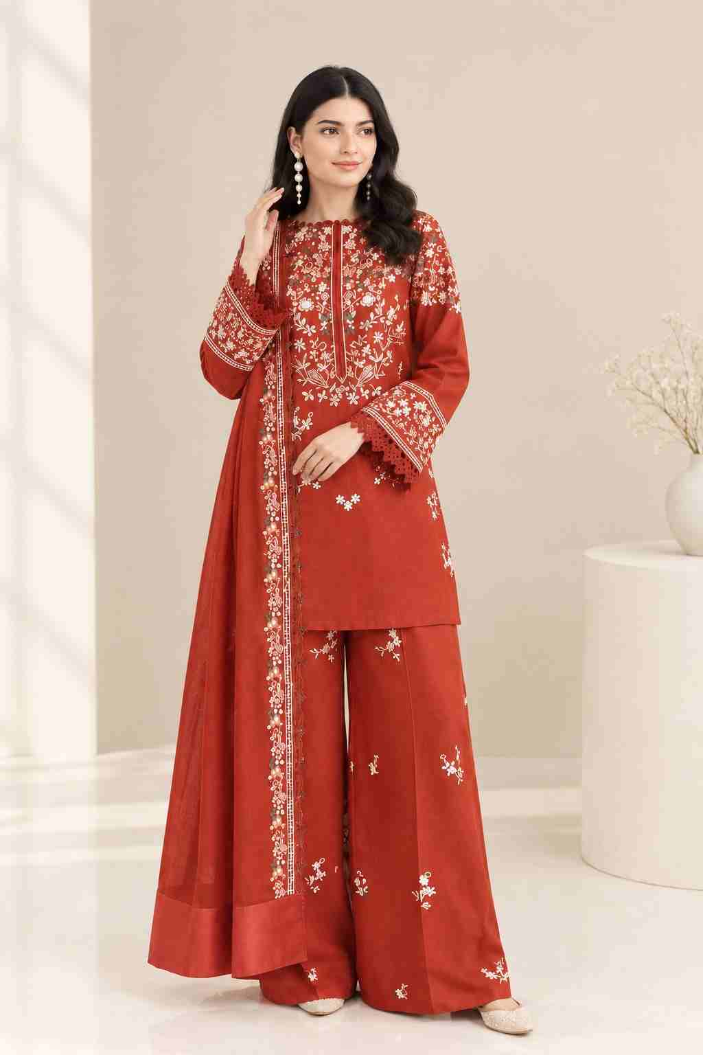 SH-BT-3125 Unstitched Fully Embroidered Dhanak Suit With Embroidered Dhanak Shawl