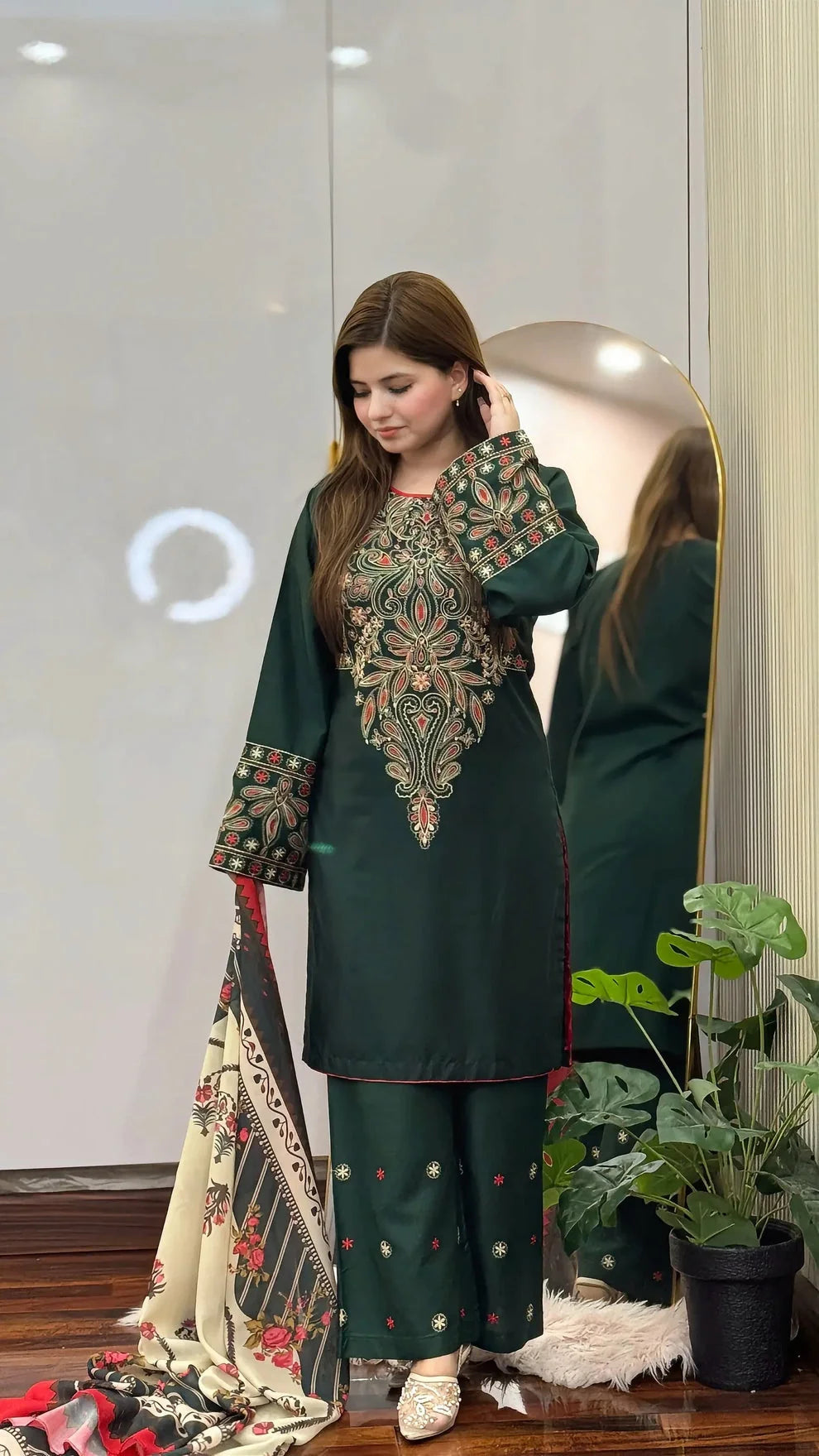 SH-BQ-3075 Dhanak Fabric - 3 Piece Unstitched Fully Embroidered Dress With Shawl
