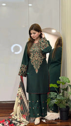 SH-BQ-3075 Dhanak Fabric - 3 Piece Unstitched Fully Embroidered Dress With Shawl