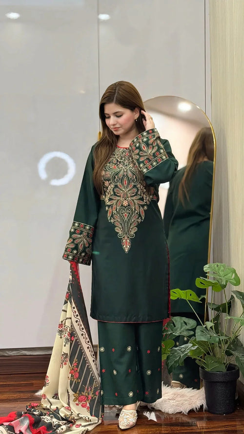 SH-BQ-3075 Dhanak Fabric - 3 Piece Unstitched Fully Embroidered Dress With Shawl