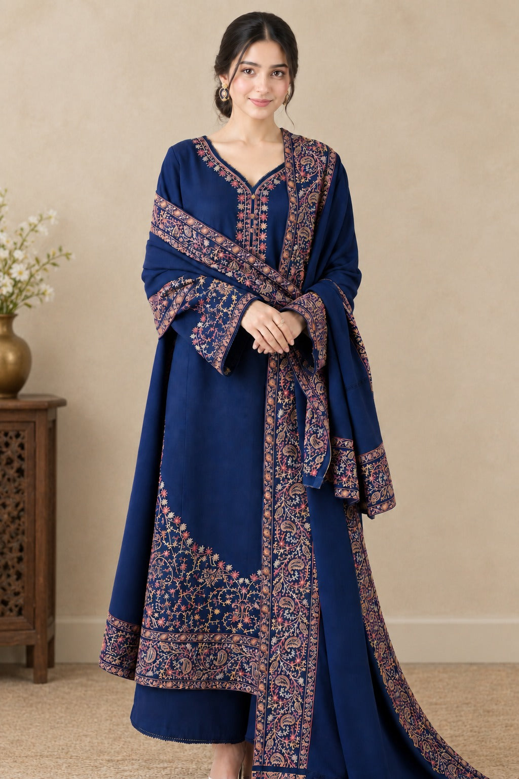 SH-BT 2880A 3 Piece Unstitched Embroidered Dhanak Fabric With Dhanak Shawl