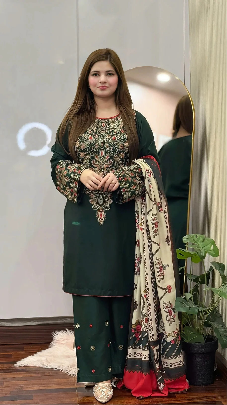 SH-BQ-3075 Dhanak Fabric - 3 Piece Unstitched Fully Embroidered Dress With Shawl