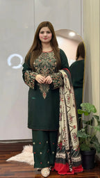 SH-BQ-3075 Dhanak Fabric - 3 Piece Unstitched Fully Embroidered Dress With Shawl