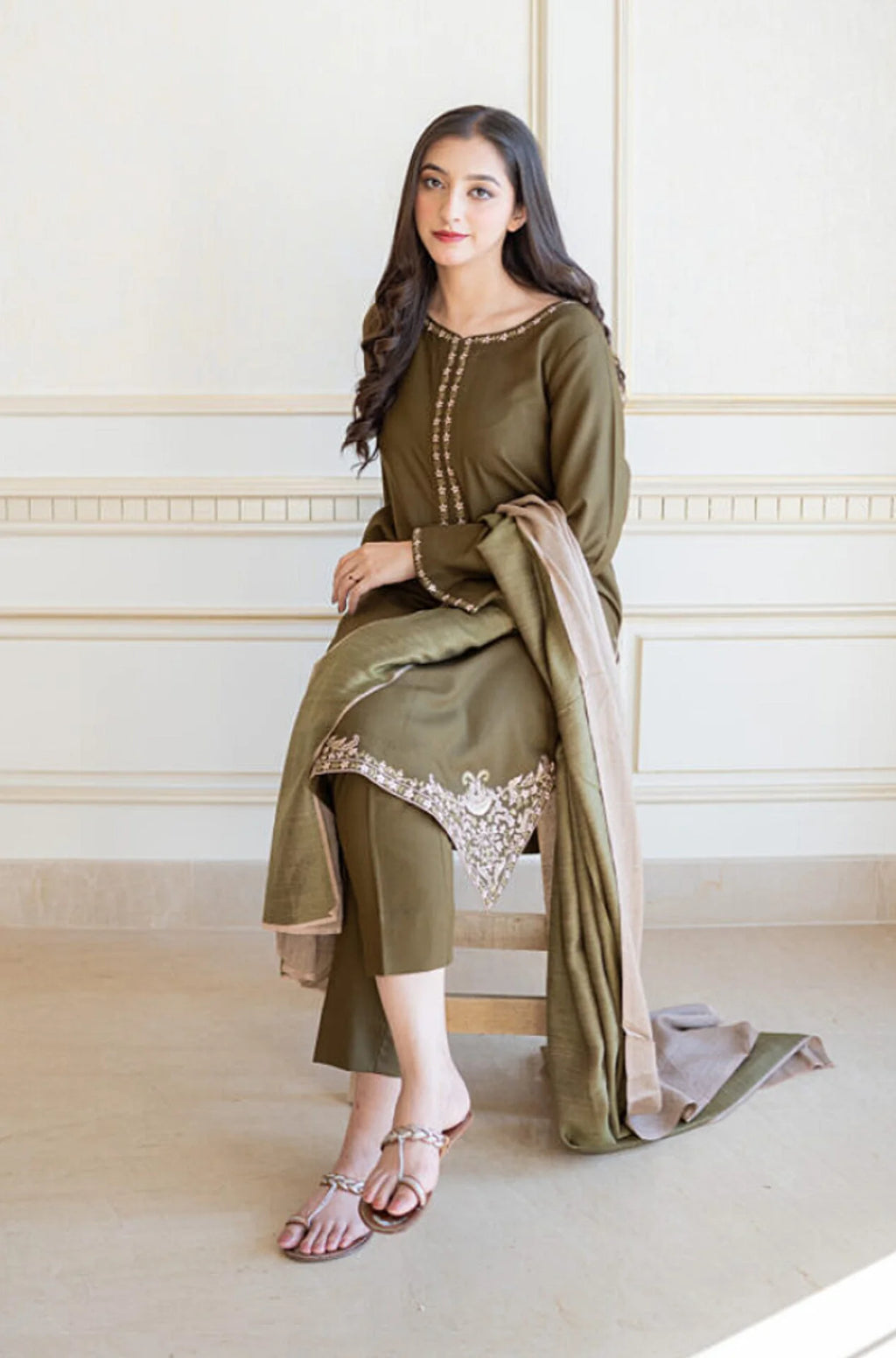 SH-AS-10 3 Piece - Unstitched Embroided Dhanak Fabric with Dhanak Printed Shawl