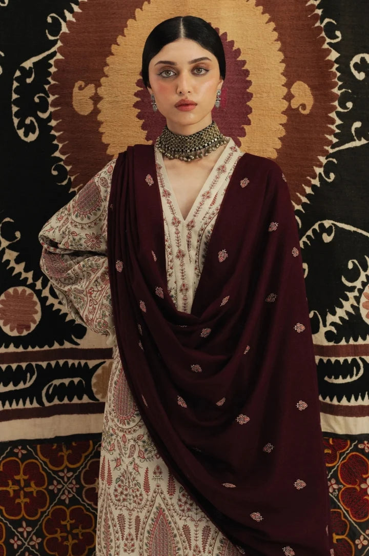 SH-ZS-3020 Dhanak Unstitched Fully Embroidered 3pc Suit With Fully Embroidered Shawl