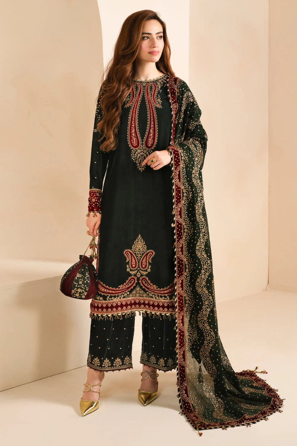 SH-JZ-999 Unstitched Fully Embroided Velvet Suit with Chiffon Dupatta