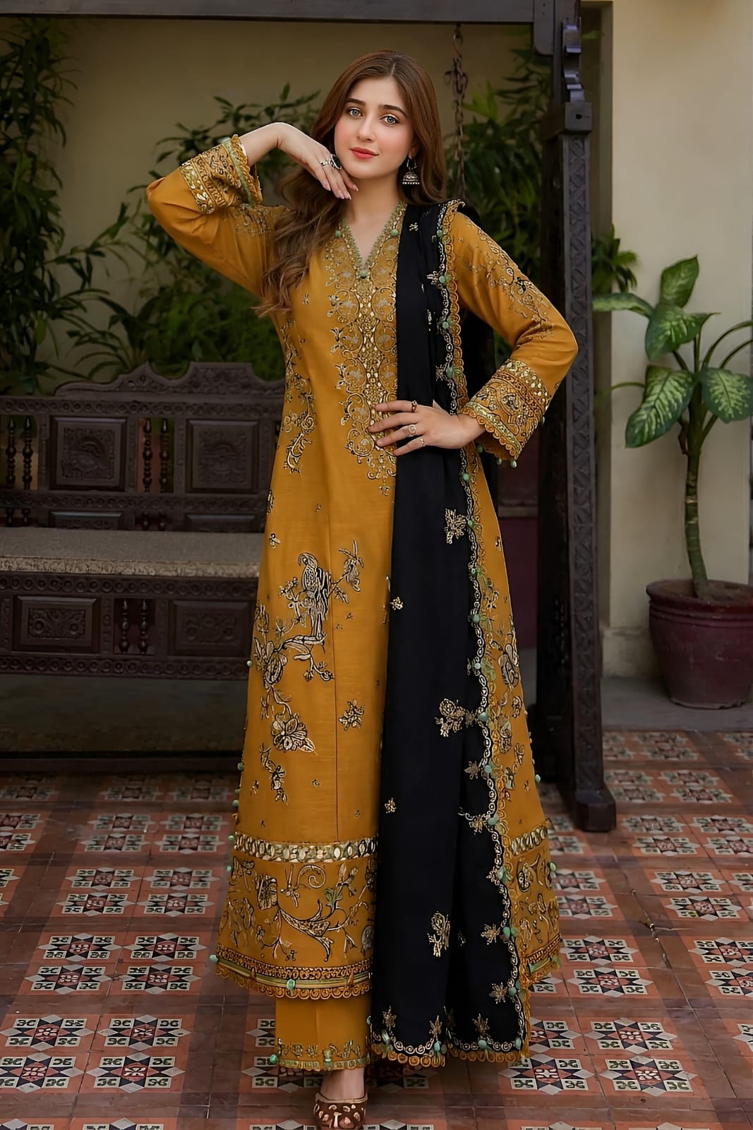SH-ZH-3060  3 Piece Unstitched Dhanak Embroidered Dress With Printed Dhanak Wool Shawl