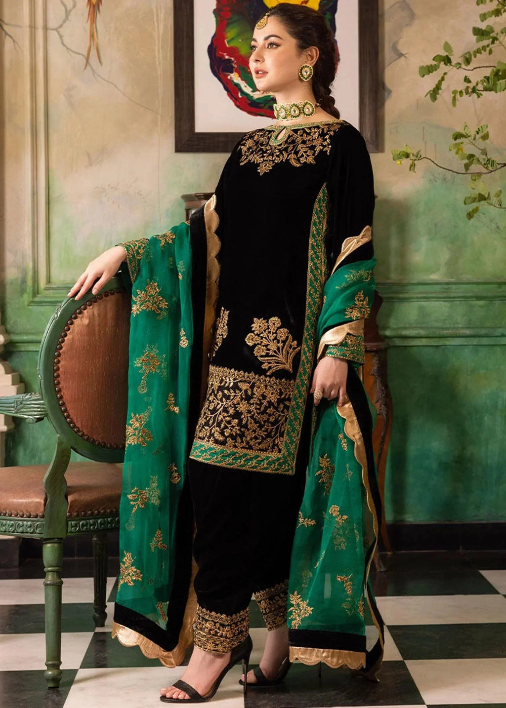 SH-JZ-953 Luxury Embroided Velvet 3 Pc Dress with Embroidered Organza Dupatta