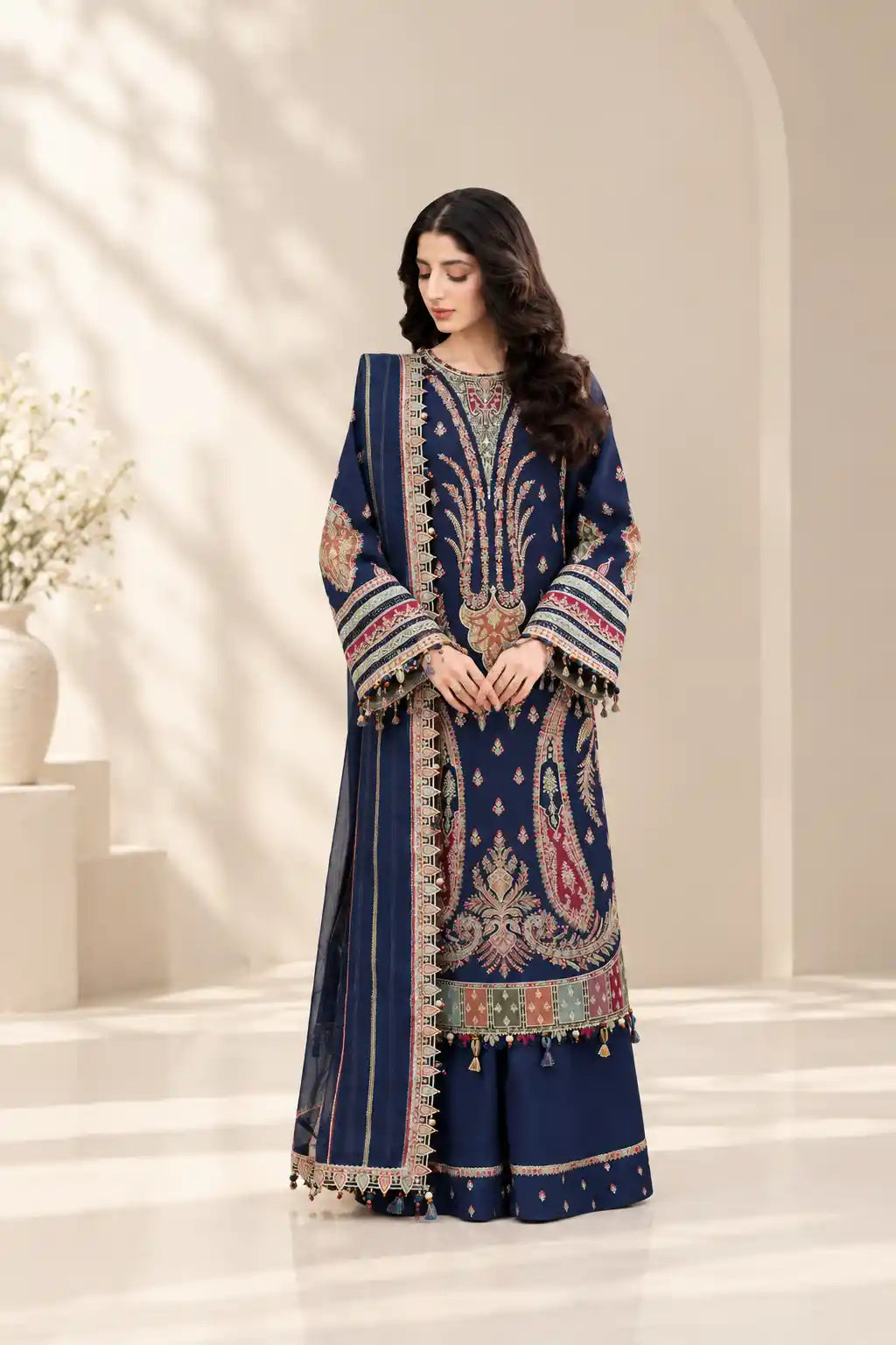 SH-JZ-2990 Dhanak Fabric - 3 Piece Unstitched Heavy Embroidered Dhanak Dress