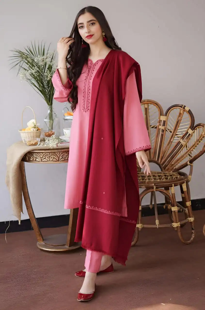 SR-AS15 Unstitched Fully Embroidered Dhanak Suit With Dhanak Shawl