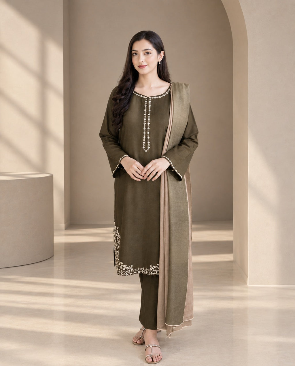 SH-AS-10 3 Piece - Unstitched Embroided Dhanak Fabric with Dhanak Printed Shawl