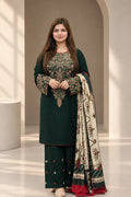 SH-BQ-3075 Dhanak Fabric - 3 Piece Unstitched Fully Embroidered Dress With Shawl
