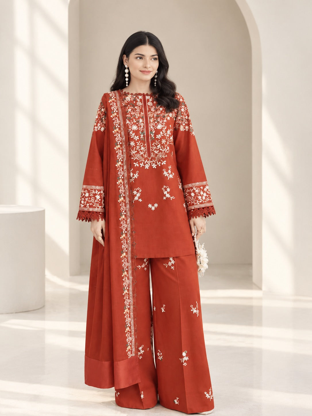 SH-BT-3125 Unstitched Fully Embroidered Dhanak Suit With Embroidered Dhanak Shawl