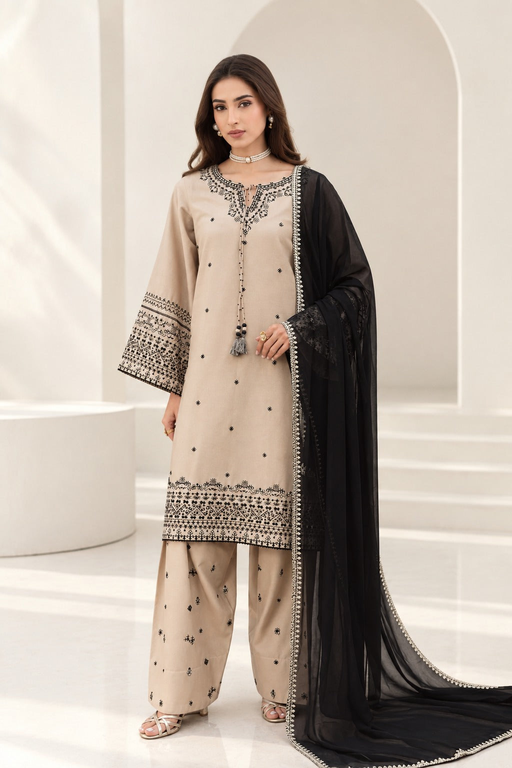 SH-BT 2985 Dhanak Fabric - 3 Piece Unstitched Embroidered Dress With Dhanak Shawl