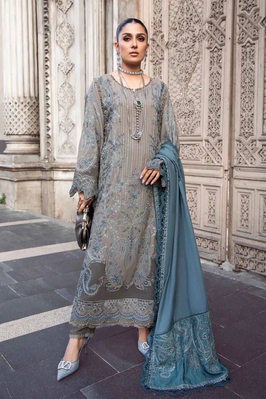 SH-IZ-775 3 Piece - Unstitched Fully Embroided Dhanak Fabric with Shawl