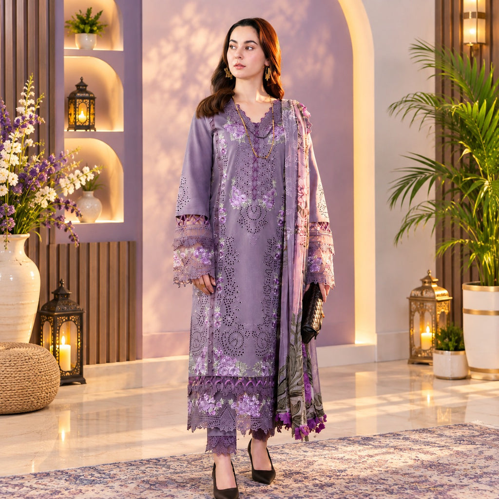 SH-JD-2680 3 Piece - Unstitched Fully Embroidered Lawn Fabric with Printed Monar Dupatta