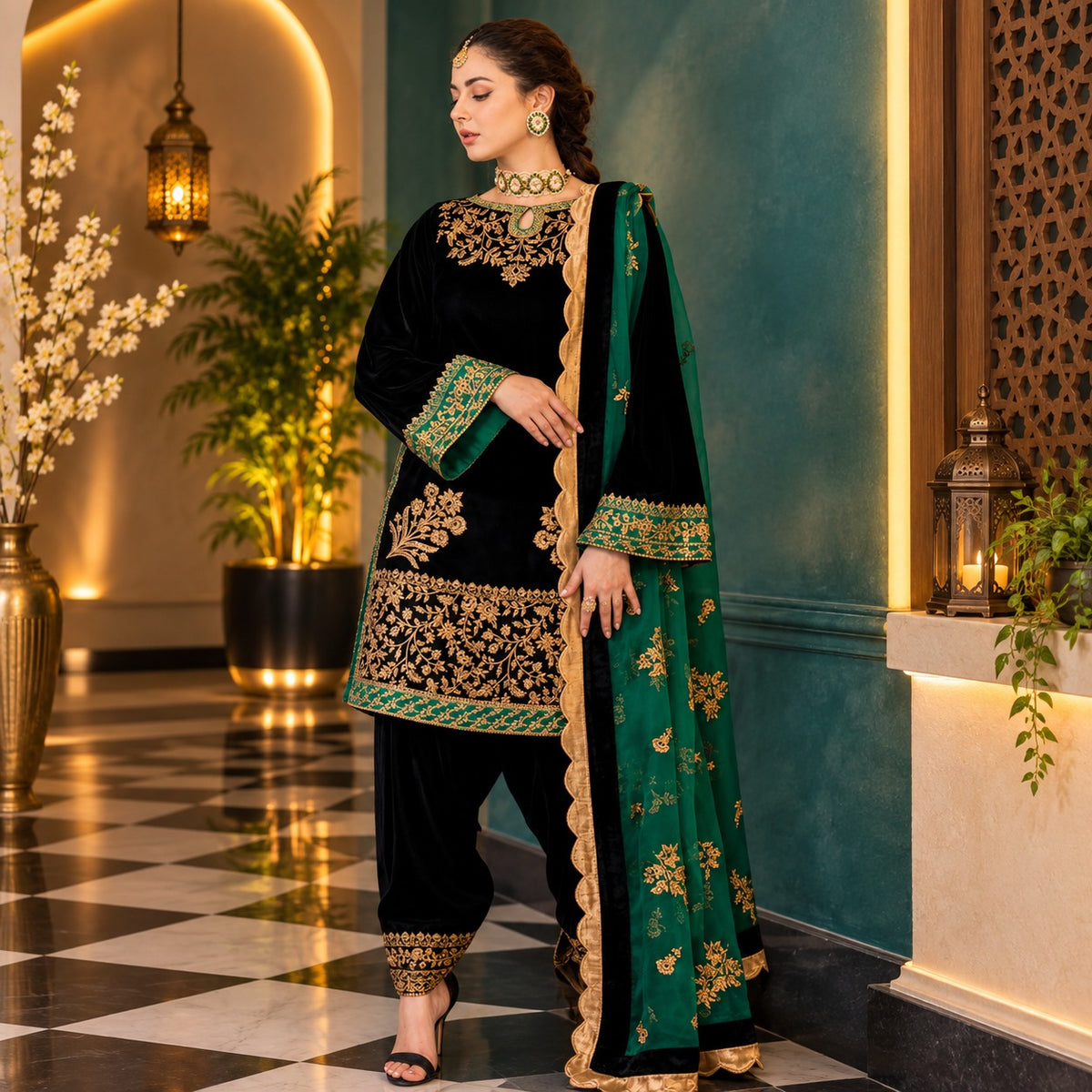 SH-JZ-953 Luxury Embroided Velvet 3 Pc Dress with Embroidered Organza Dupatta