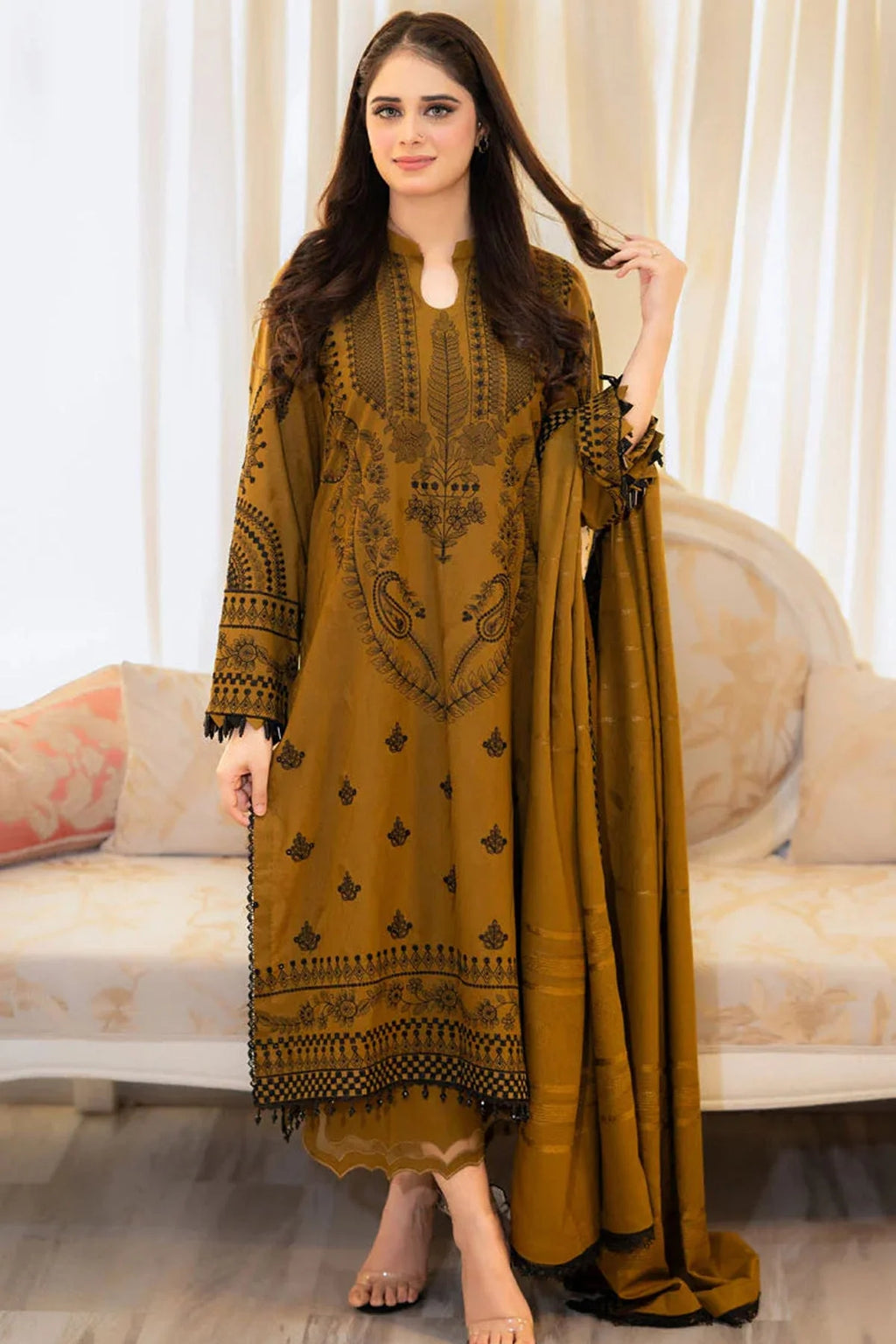 SH-MB-100 3 Piece - Unstitched Fully Embroidered Dhanak Fabric with Dhanak Shawl