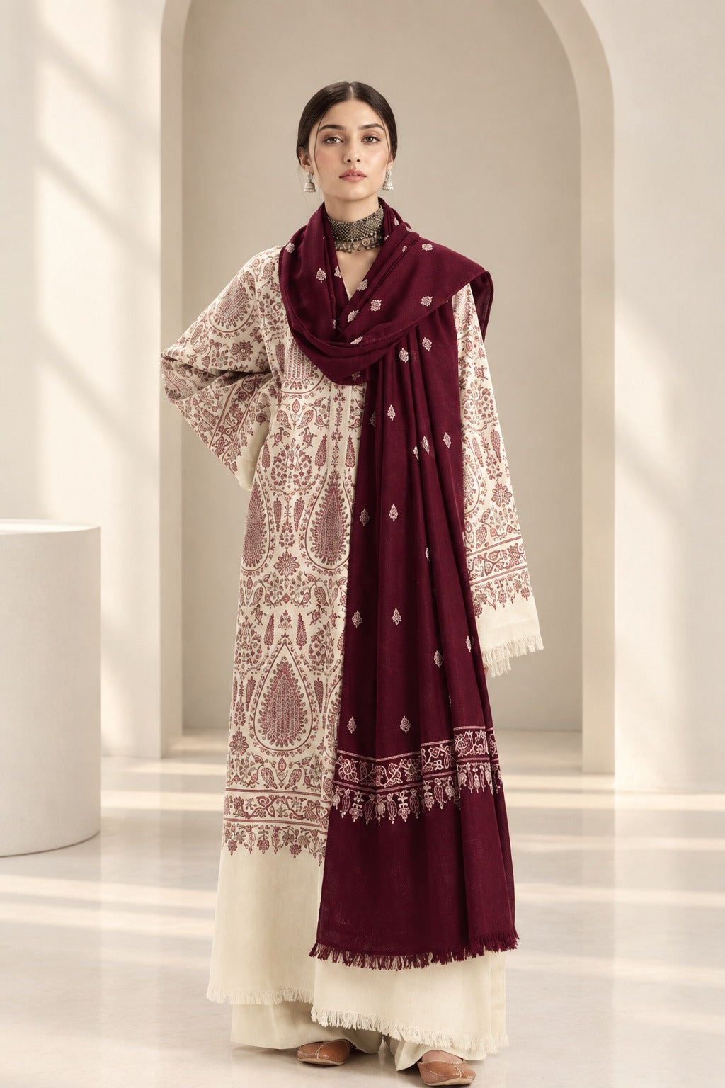 SH-ZS-3020 Dhanak Unstitched Fully Embroidered 3pc Suit With Fully Embroidered Shawl