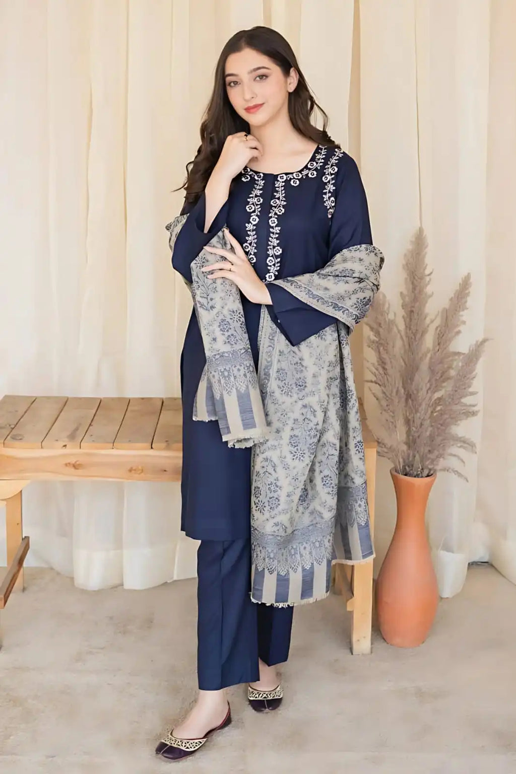 SR-MB830 Unstitched Fully Embroided Dhanak Suit With Wool Shawl
