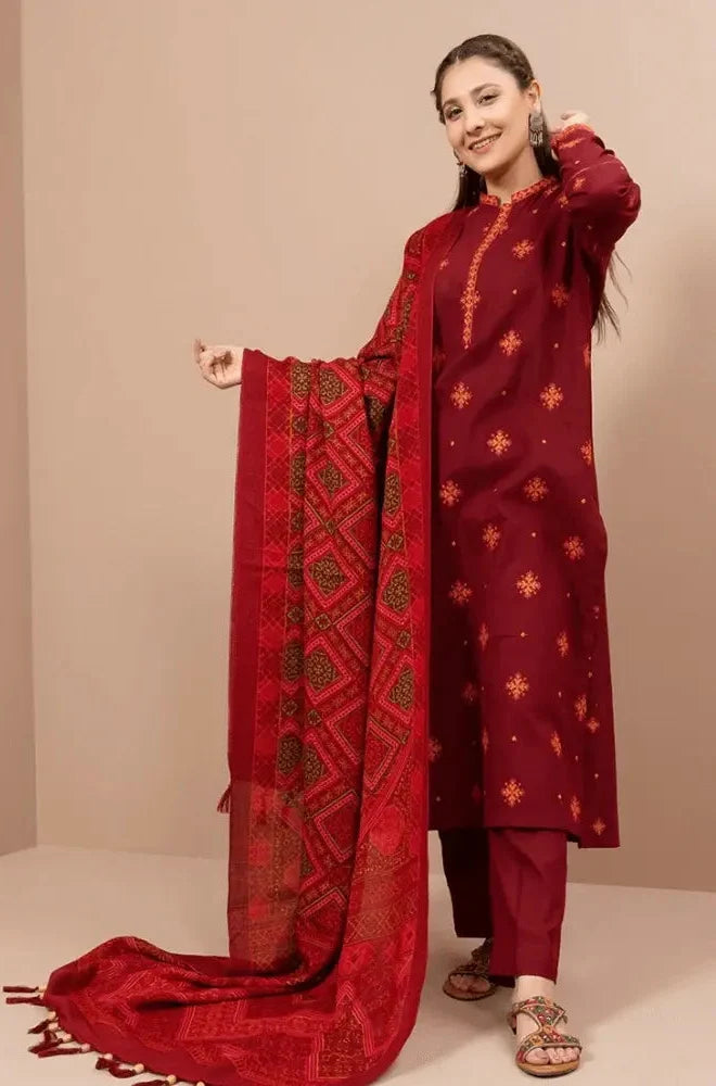 SR-750 Unstitched Embroidered Dhanak Suit Printed Woolen Shawl
